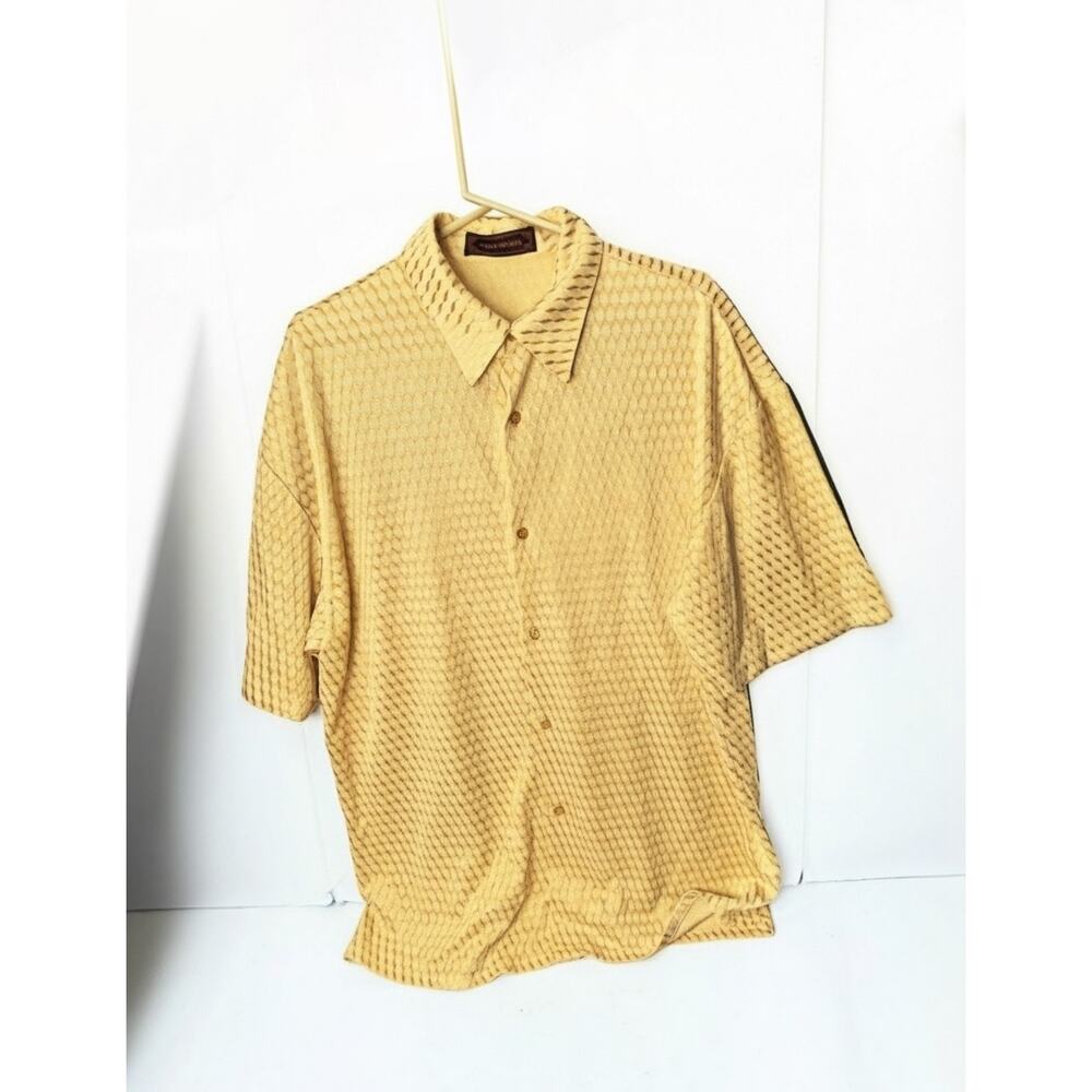 Creme de Silk Vintage Men’s Gold Geometric Silk Button Up Short Sleve Shirt 2XL